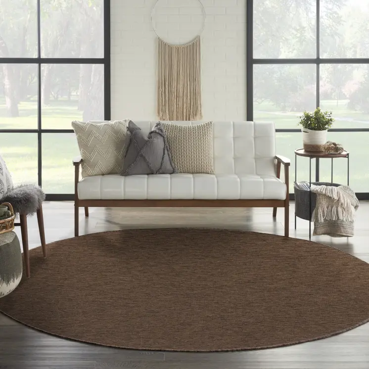 8' Dark Brown And Brown Round Geometric Indoor Outdoor Area Rug