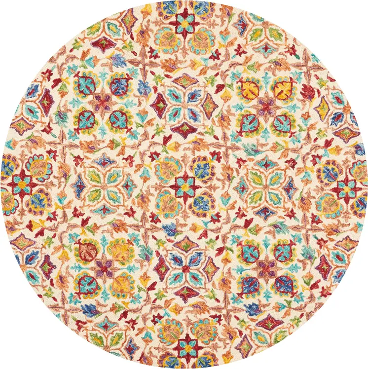 8' Ivory Red And Orange Wool Floral Hand Tufted Round Rug
