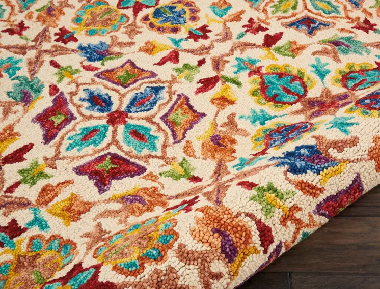 8' Ivory Red And Orange Wool Floral Hand Tufted Round Rug