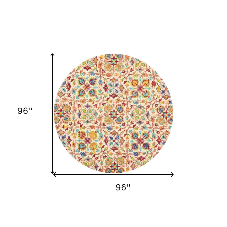 8' Ivory Red And Orange Wool Floral Hand Tufted Round Rug