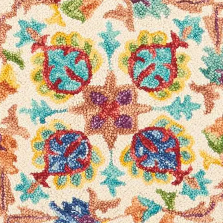 8' Ivory Red And Orange Wool Floral Hand Tufted Round Rug