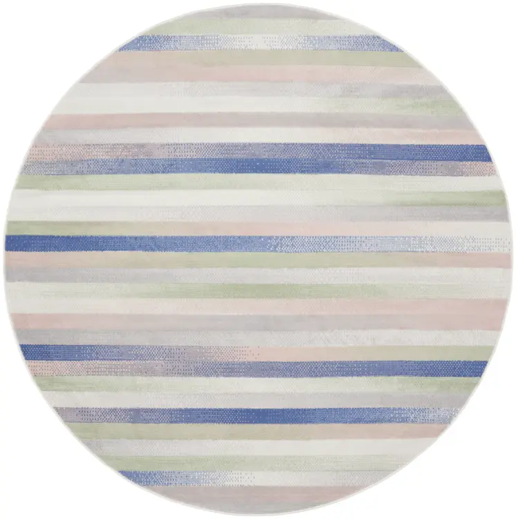8' Ivory Tan and Blue Striped Round Rug