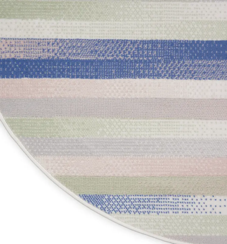 8' Ivory Tan and Blue Striped Round Rug
