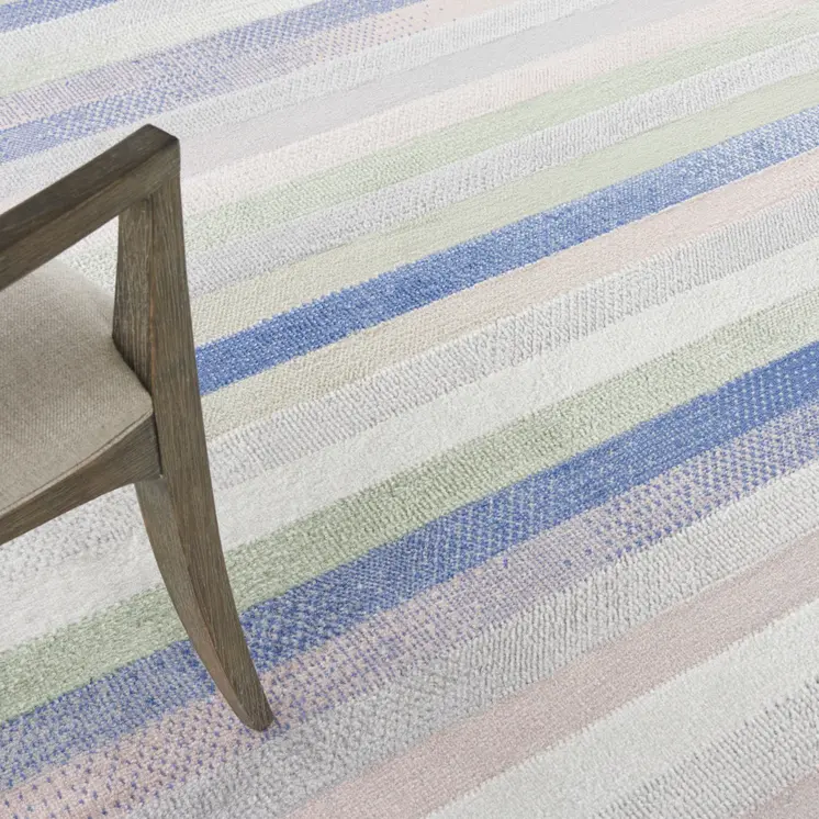 8' Ivory Tan and Blue Striped Round Rug
