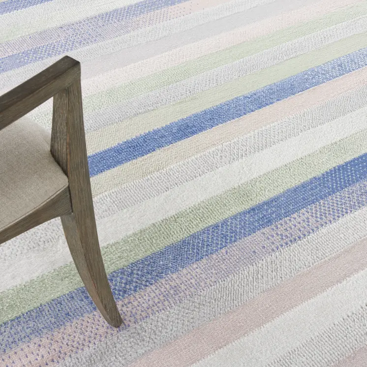 8' Ivory Tan and Blue Striped Round Rug