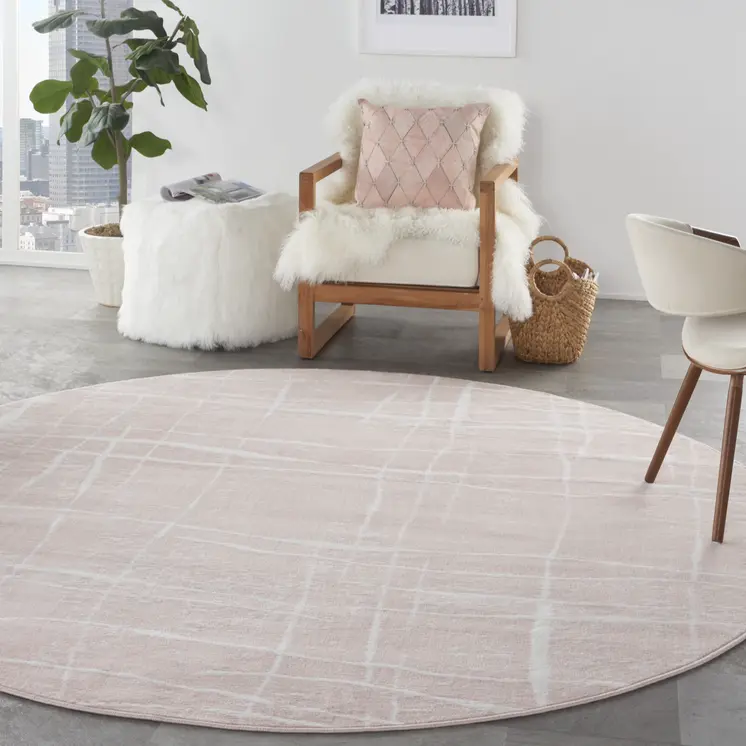 8' Pink and Ivory Abstract Round Rug