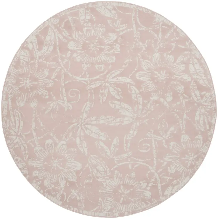 8' Pink and Ivory Floral Distressed Round Rug