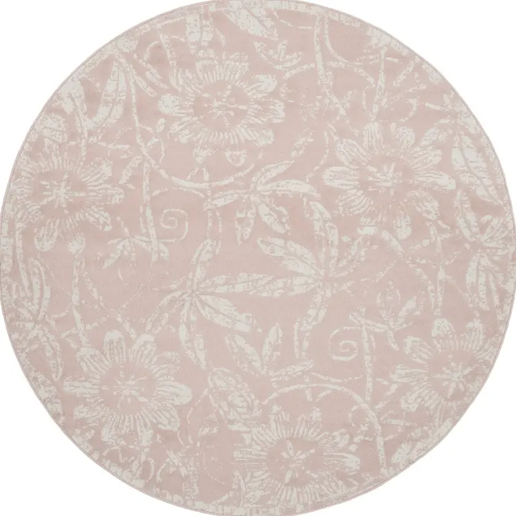 8' Pink and Ivory Floral Distressed Round Rug