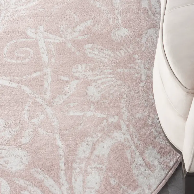 8' Pink and Ivory Floral Distressed Round Rug