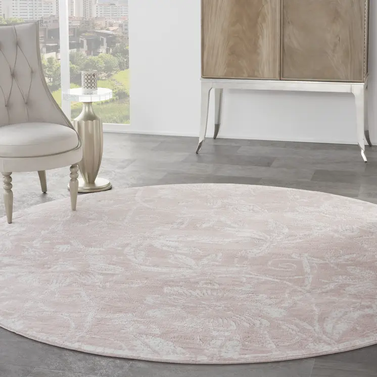 8' Pink and Ivory Floral Distressed Round Rug