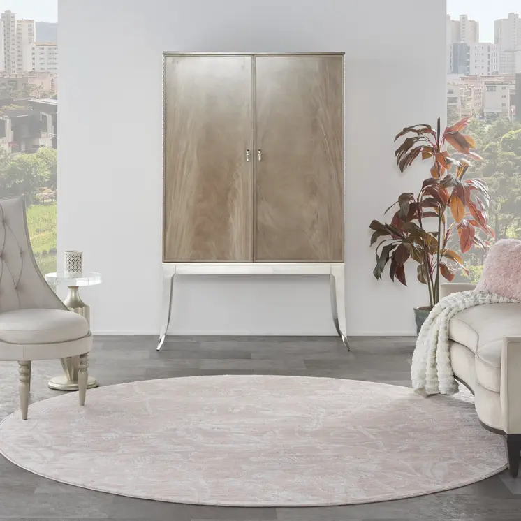 8' Pink and Ivory Floral Distressed Round Rug