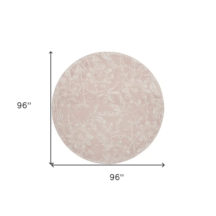 8' Pink and Ivory Floral Distressed Round Rug