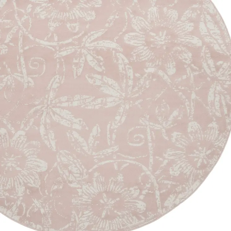 8' Pink and Ivory Floral Distressed Round Rug