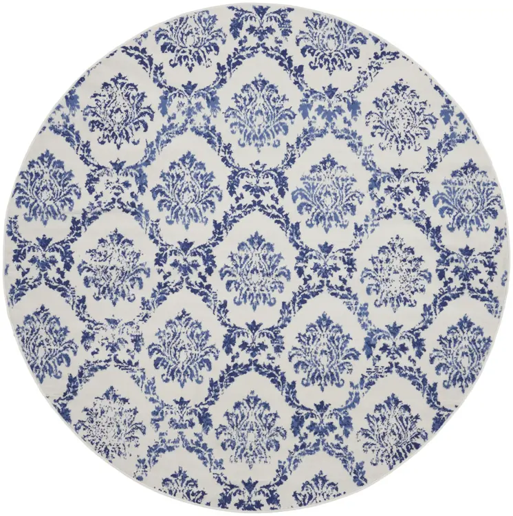 8' Ivory and Navy Blue Damask Distressed Round Rug