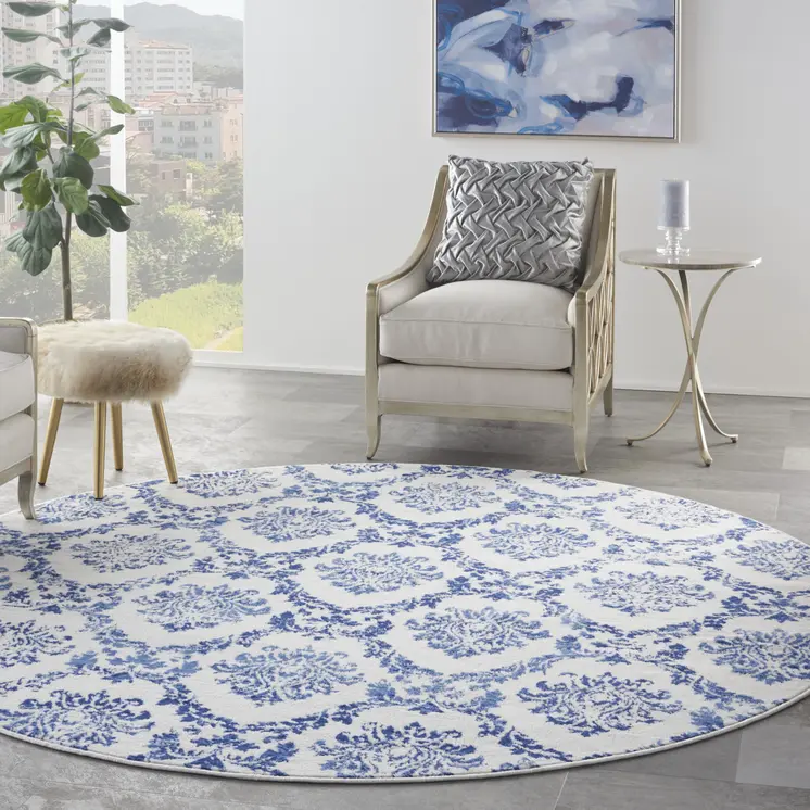 8' Ivory and Navy Blue Damask Distressed Round Rug