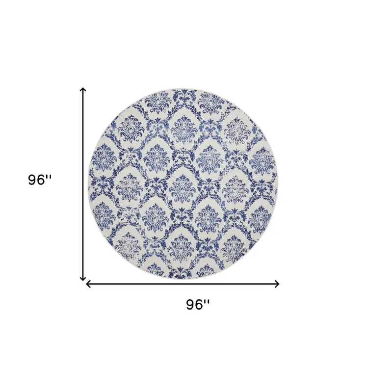 8' Ivory and Navy Blue Damask Distressed Round Rug