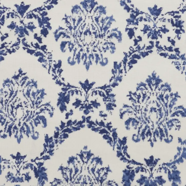 8' Ivory and Navy Blue Damask Distressed Round Rug