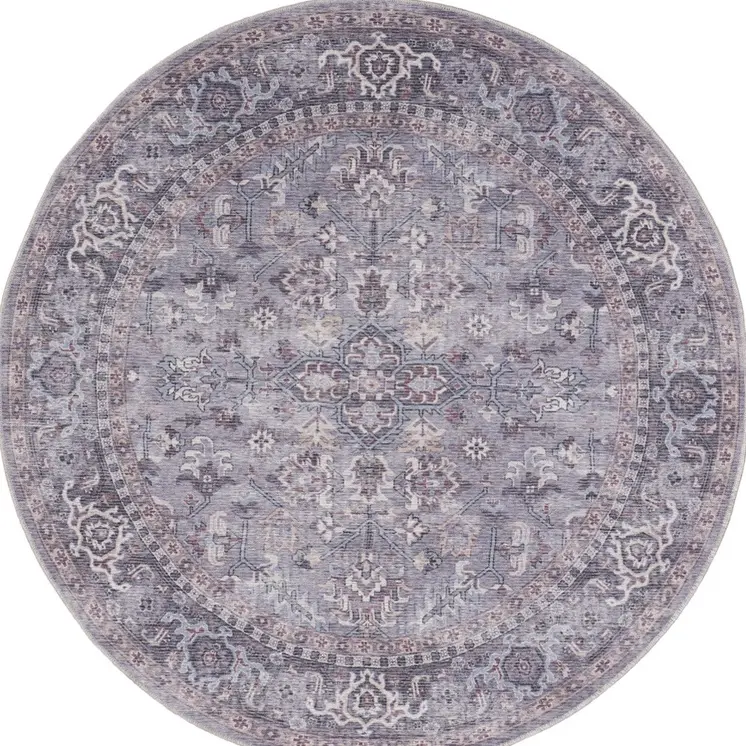 8' Gray Round Floral Power Loom Distressed Area Rug