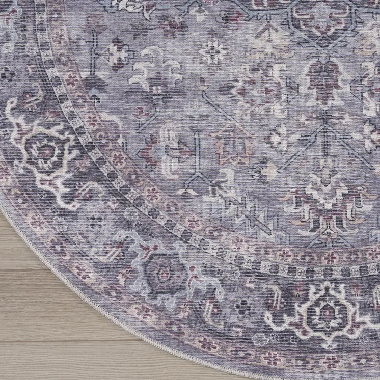 8' Gray Round Floral Power Loom Distressed Area Rug
