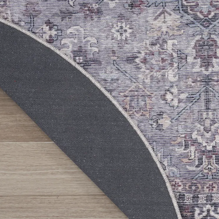 8' Gray Round Floral Power Loom Distressed Area Rug