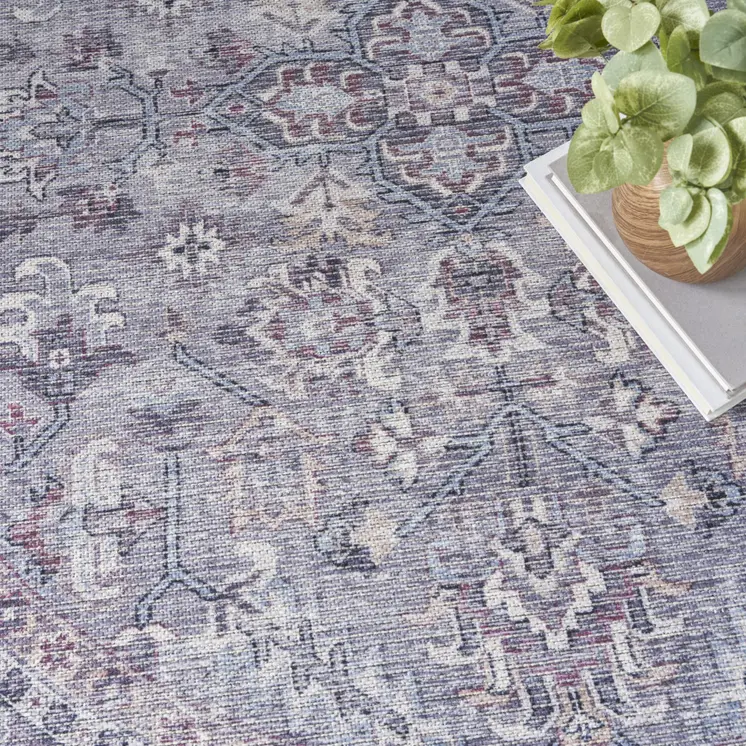 8' Gray Round Floral Power Loom Distressed Area Rug