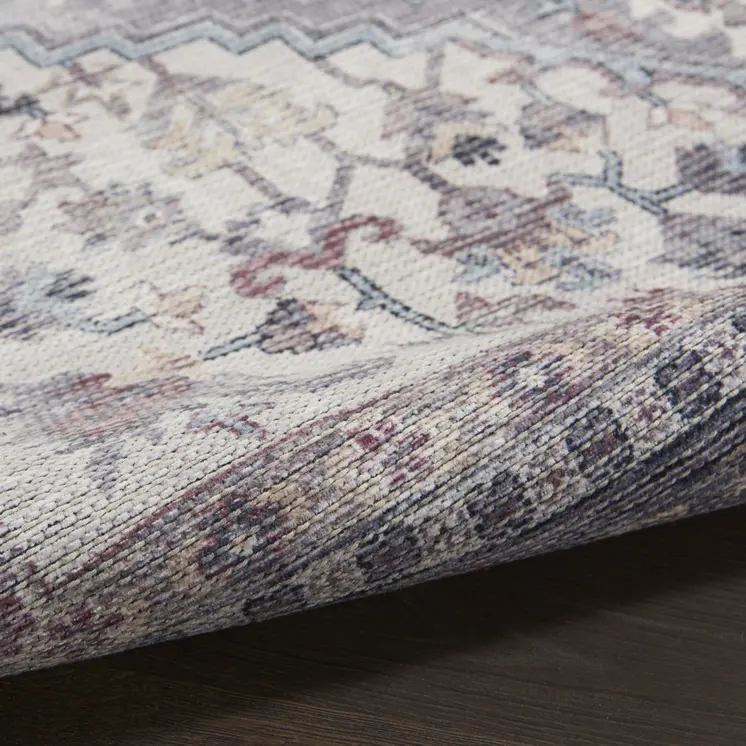 8' Gray Round Floral Power Loom Distressed Area Rug