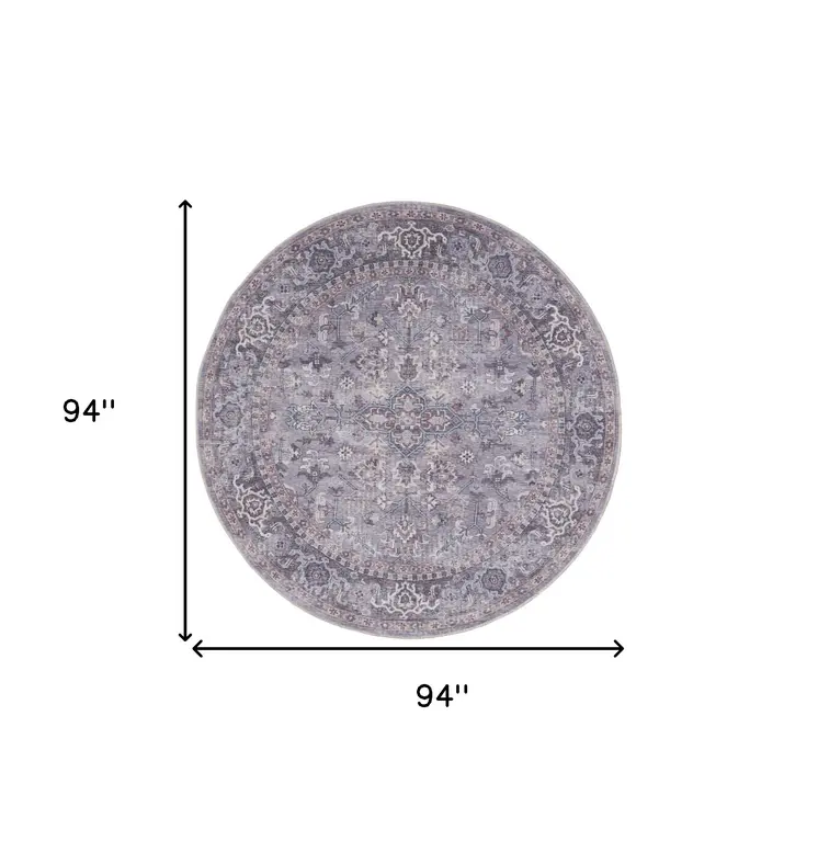 8' Gray Round Floral Power Loom Distressed Area Rug