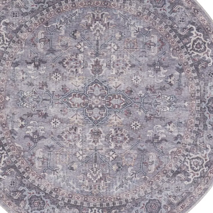 8' Gray Round Floral Power Loom Distressed Area Rug