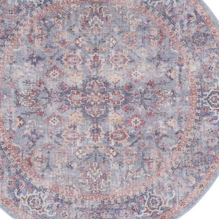 8' Blue and Red Round Floral Power Loom Distressed Area Rug