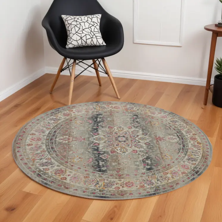 6' Ivory Brown And Gray Floral Distressed Round Rug