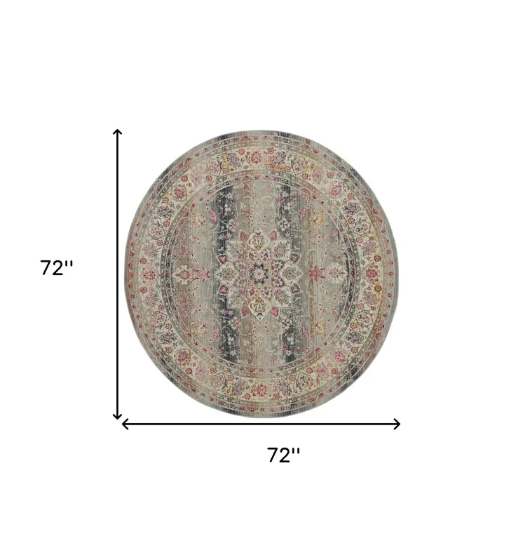6' Ivory Brown And Gray Floral Distressed Round Rug