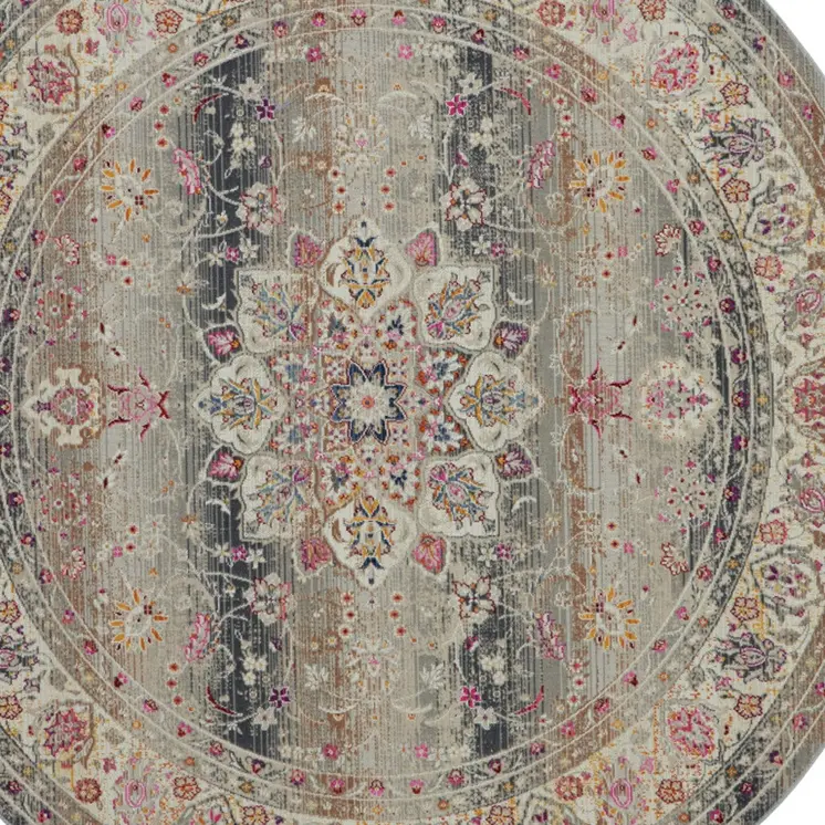 6' Ivory Brown And Gray Floral Distressed Round Rug