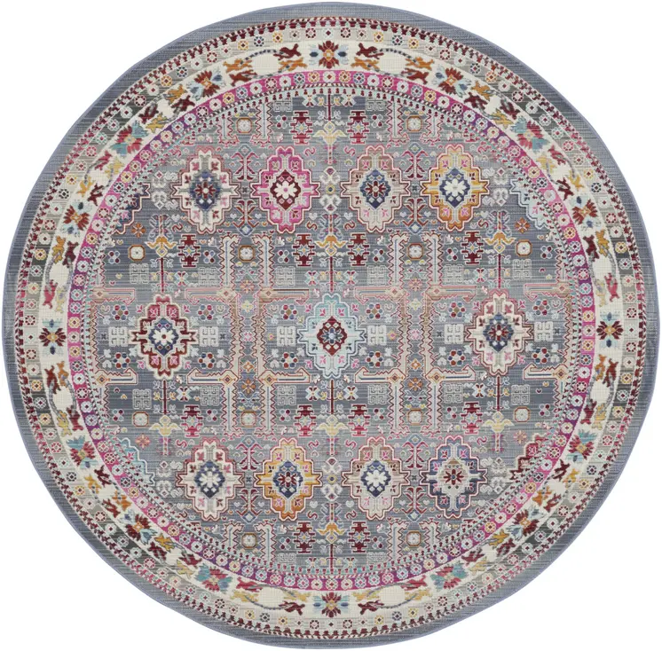 6' Ivory Pink And Gray Floral Distressed Round Rug