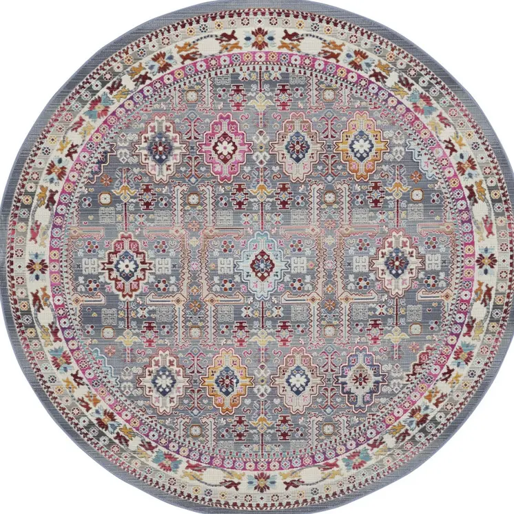 6' Ivory Pink And Gray Floral Distressed Round Rug