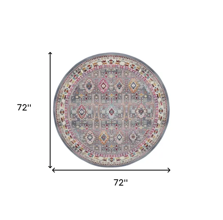 6' Ivory Pink And Gray Floral Distressed Round Rug