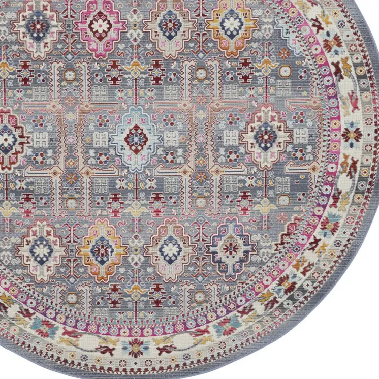 6' Ivory Pink And Gray Floral Distressed Round Rug