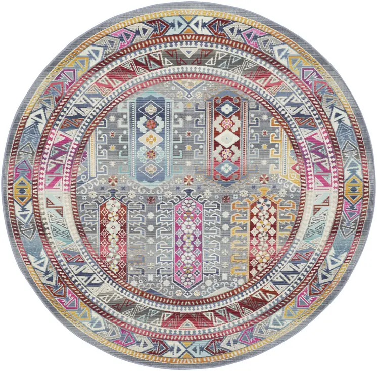 6' Ivory Gray And Red Floral Distressed Round Rug