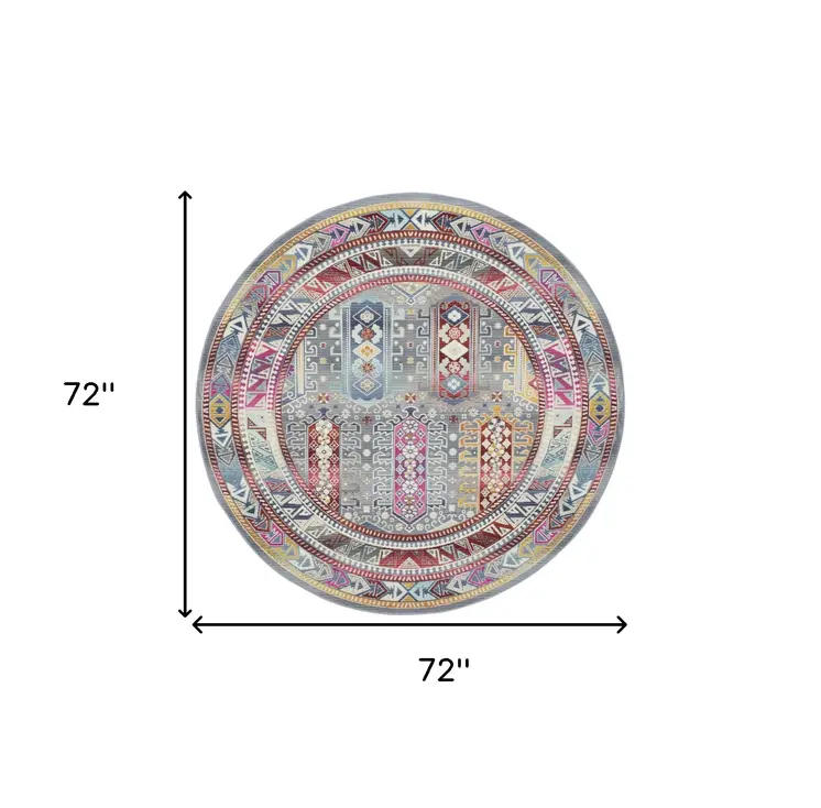 6' Ivory Gray And Red Floral Distressed Round Rug