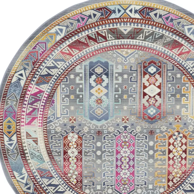 6' Ivory Gray And Red Floral Distressed Round Rug