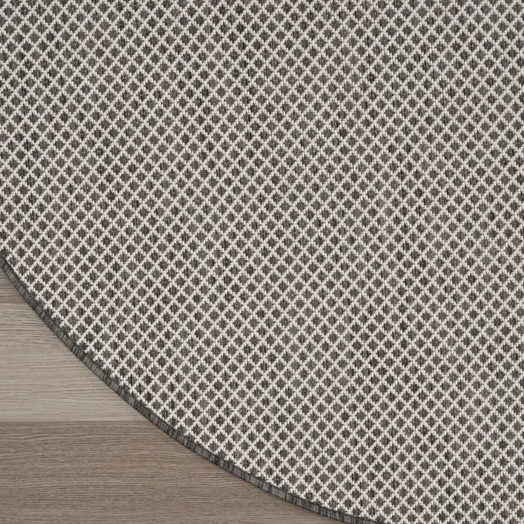 6' Ivory And Charcoal Round Geometric Indoor Outdoor Area Rug