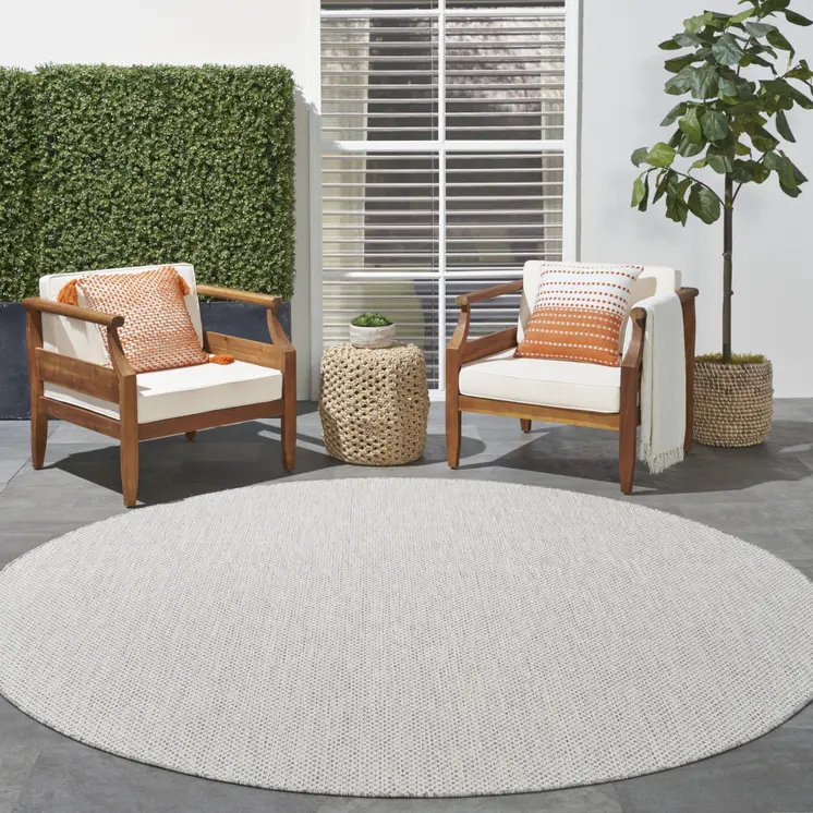 6' Ivory And Silver Round Geometric Indoor Outdoor Area Rug
