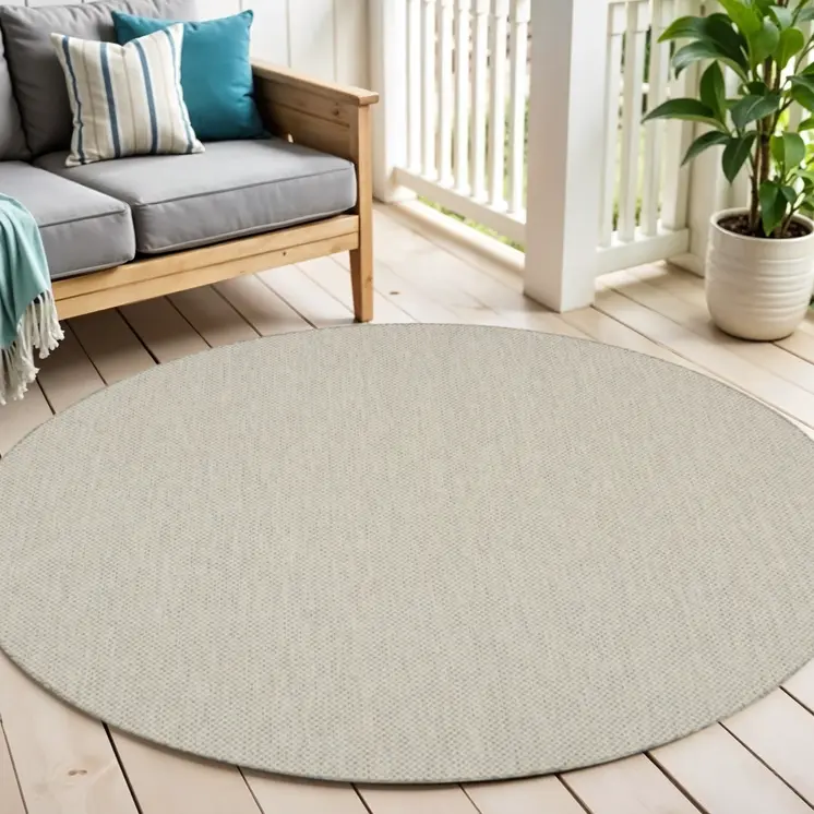 6' Ivory And Silver Round Geometric Indoor Outdoor Area Rug