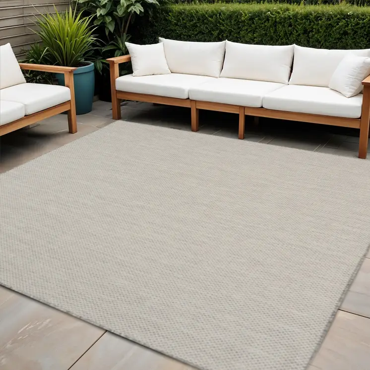 6' Ivory And Silver Square Geometric Indoor Outdoor Area Rug