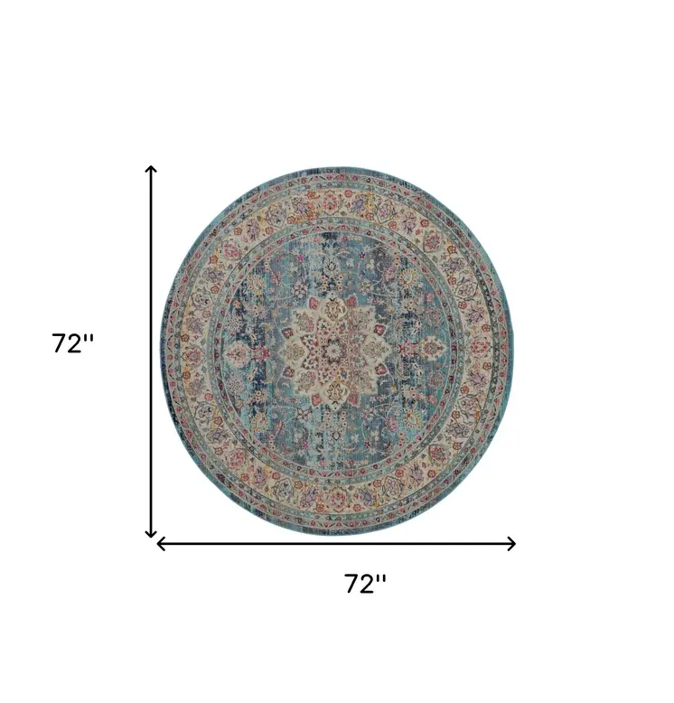 6' Blue And Beige Floral Distressed Round Rug