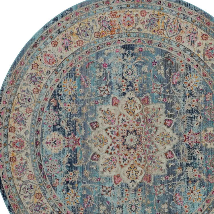 6' Blue And Beige Floral Distressed Round Rug