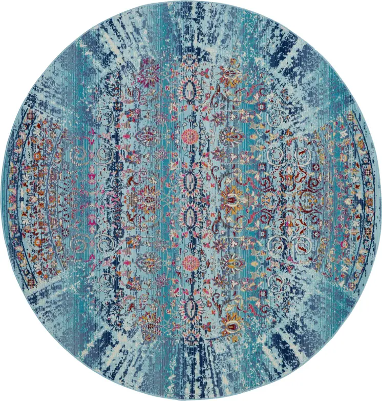 6' Blue Red And Orange Floral Distressed Round Rug
