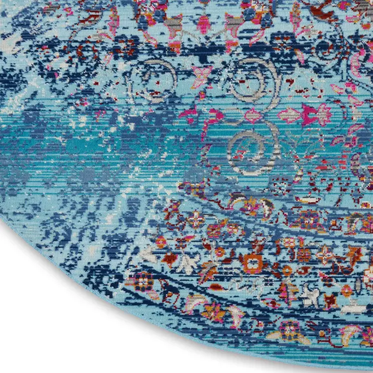 6' Blue Red And Orange Floral Distressed Round Rug