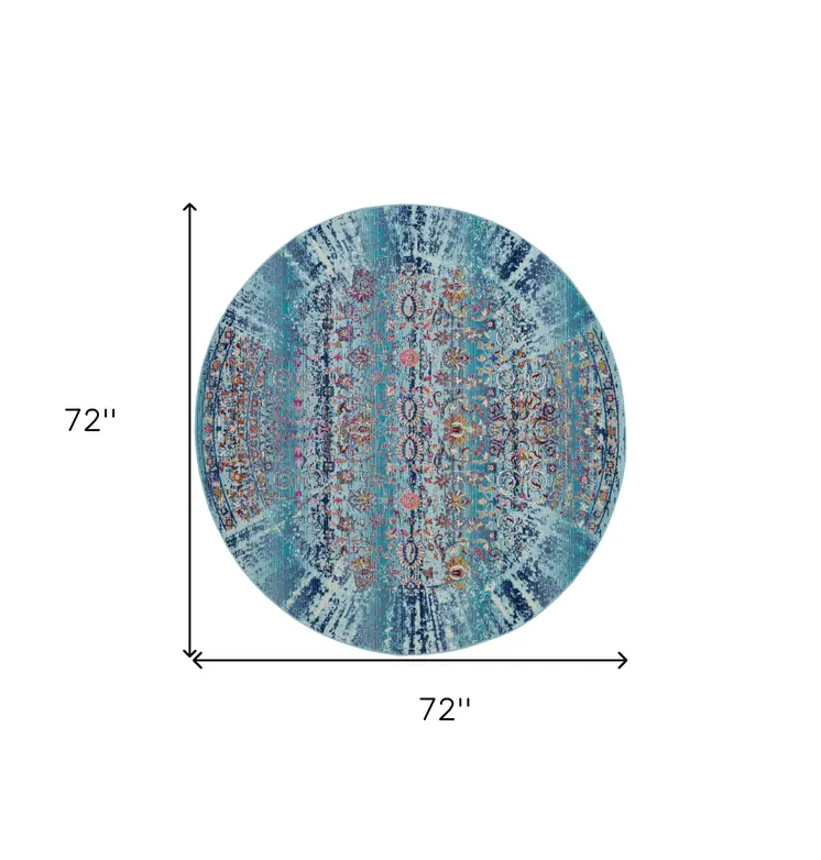 6' Blue Red And Orange Floral Distressed Round Rug