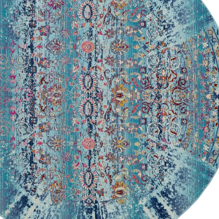 6' Blue Red And Orange Floral Distressed Round Rug