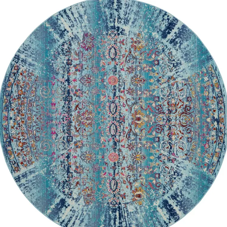 6' Blue Red And Orange Floral Distressed Round Rug